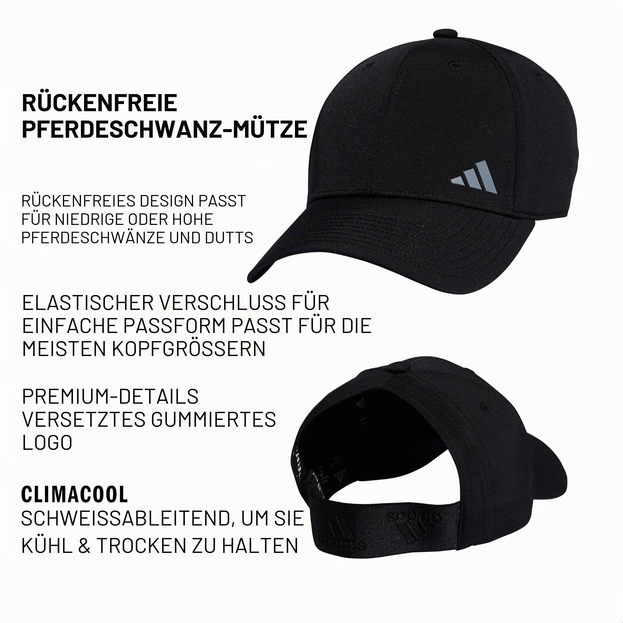 adidas Rückenfreie Pferdeschwanzmütze für Damen, verstellbare Passform, Baseballkappe