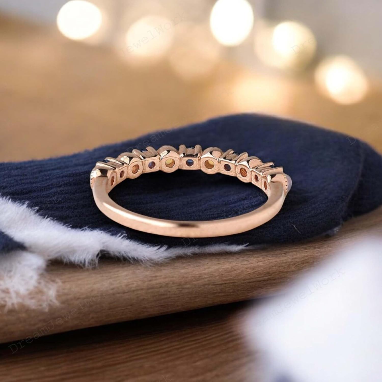 Fire Opal Sapphire Wedding Band Blue Sapphire Half Eternity Dainty Opal Stacking Ring Vintage Stackable Ring Women Anniversary Ring Valentine Day Gift For Her