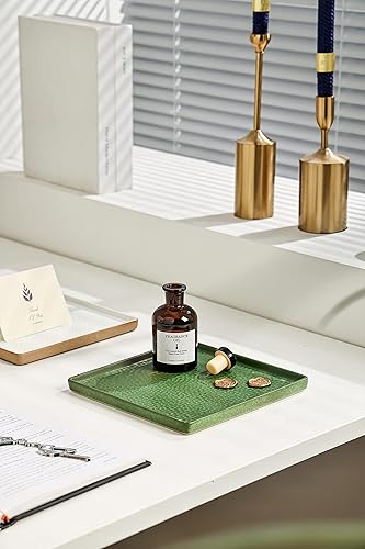Miniatura 3 de Bandeja de tocador con ribete marrón, organizador de velas y perfumes, bandeja decorativa cuadrada verde de 8 x 8 pulgadas para encimera para baño y