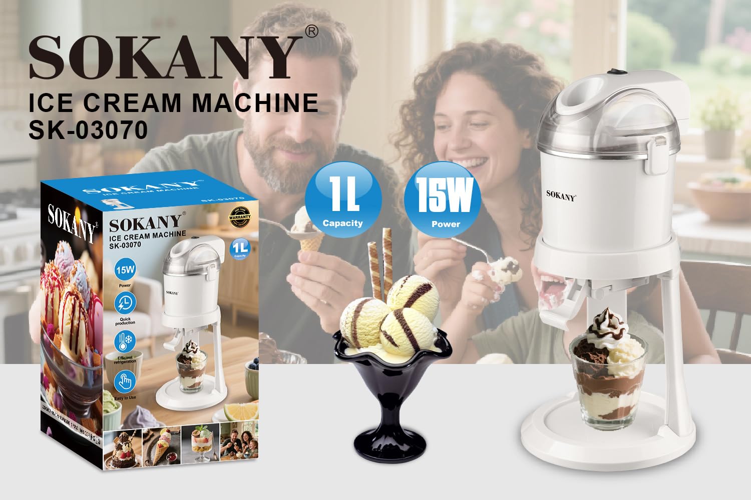 SK-03070 Ice Cream Maker Machine with Compressor, Home Ice Cream