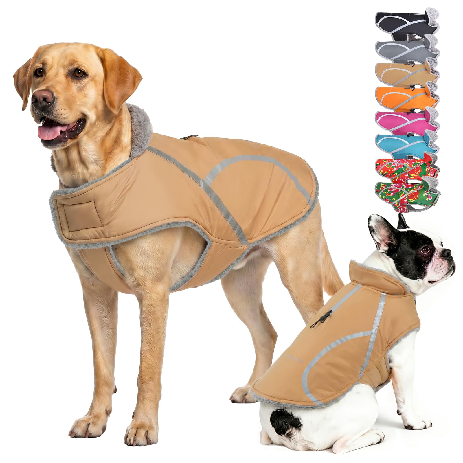 VIVAGLORY Frostfit Dog Coat, Coat & Jacket for Dog Winter Cold Weather, Warm Fluffy Fleece Lined Water Resistant Reflective, Jacket with Leash Hole, M+, Khaki