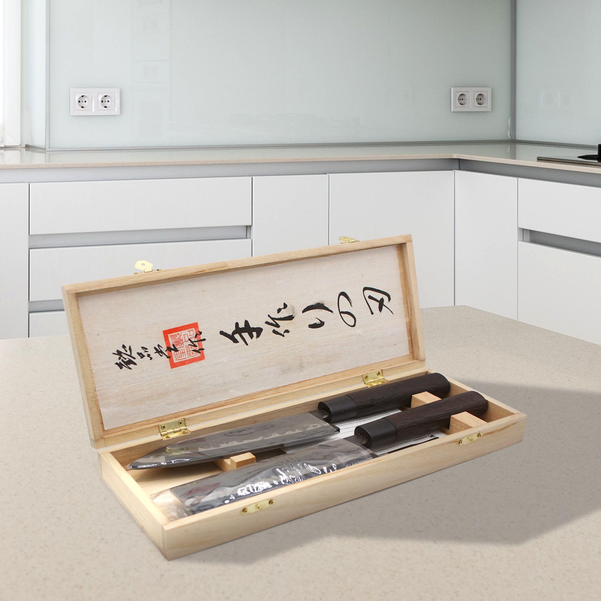 Fishtec - Coffret couteaux de cuisine haut de gamme - Lames acier japonais - Manches palissandre africain ergonomiques - Boîte cadeau élégante - Idée cadeau pour cuisiniers débutants et