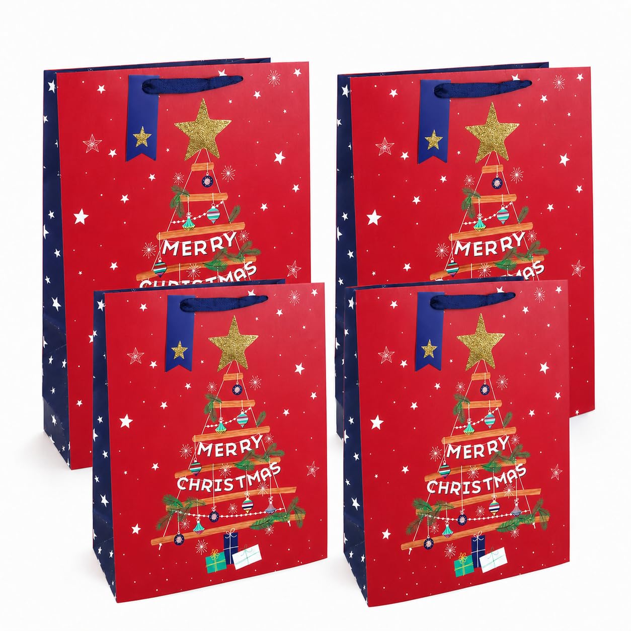 4 Pack of Christmas Tree Gift Bags with Handles, 2 Medium 26 x 15 x 33 cm & 2 Small 21.5 x 10 x 25.3 cm, Xmas Present Bags, Festive Gift Packaging for Family Friends Christmas Presents