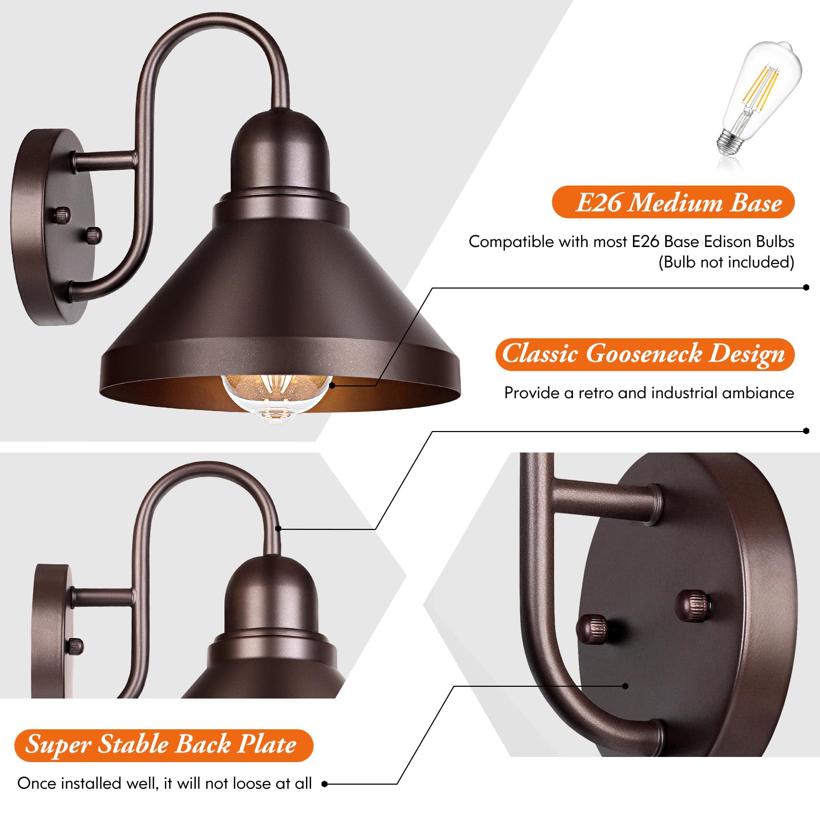 Brightever Gooseneck Porch Lights Outdoor, 2-Pack Farmhouse Exterior Barn Light Fixtures, Waterproof Industrial Brown Patio Wall Lamps for Garage, E26 Base Anti-Rust, Bulb not Included