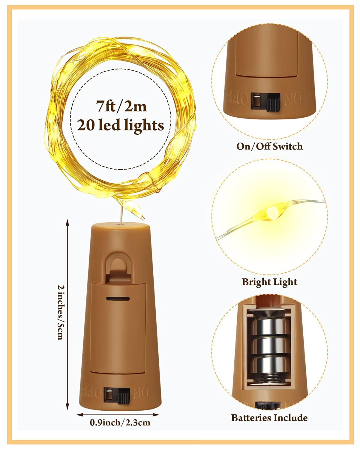 Stringa di luci in Filo di Rame con Sughero for Bottiglia di Vino da 20 LED, Funzionamento a Batteria da 2 m for Diwali, Natale, Valintine, Decorazione /631/3005