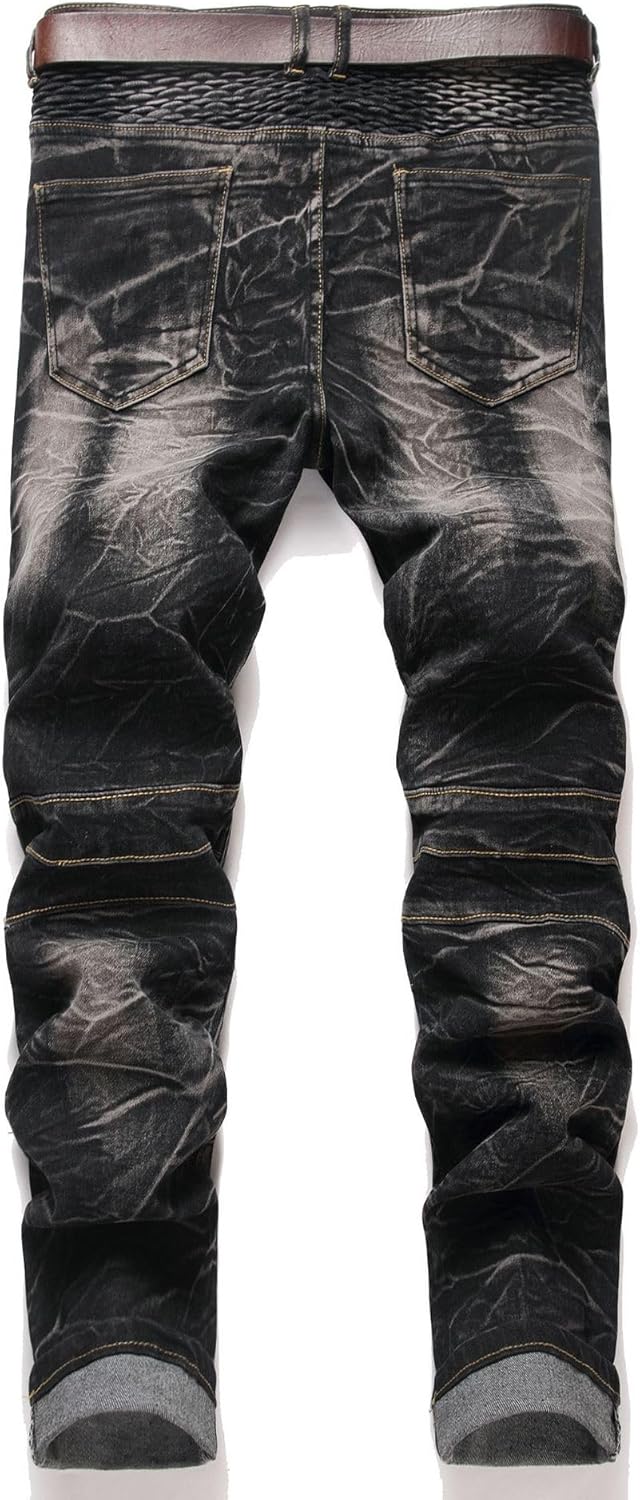 Men's Biker Moto Style Distressed Slim Fit Straight Leg Stretch Denim Jeans