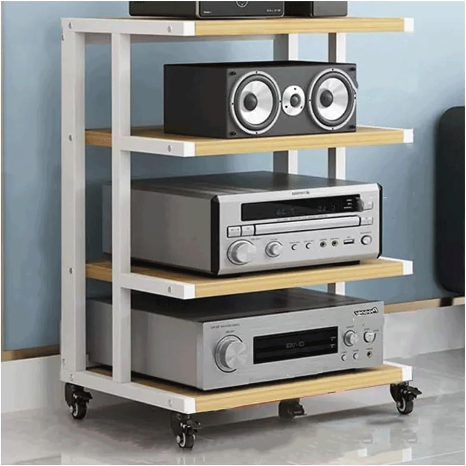 CWCQGH 5 Tier Wooden Audio Rack with Wheels Movable Stereo Cabinet for Equipment Open Audio Video Shelving Unit Strong and Stylish Home Entertainment Solution,Natural-4 Tier