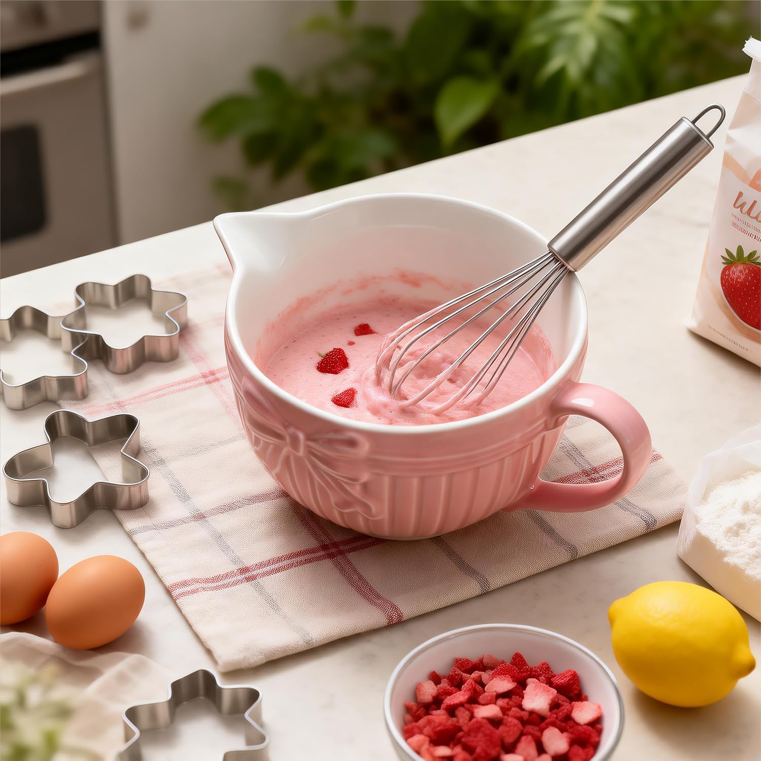 Gaolinci Bow Embossed Ceramic Mixing Bowl, 1 Quart Batter Bowl with Pouring Spout and Handle