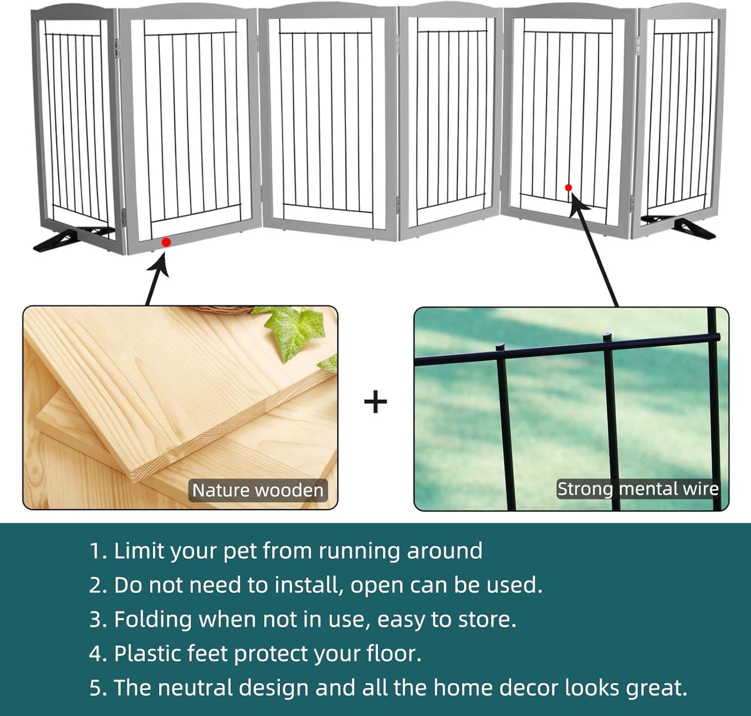 ZJSF Freestanding Dog Fence Indoor, Foldable Dog Gate for Doorways, Stairs or Hallways, Sturdy Wood Extra Wide Pet Gate with Support Feet for The House, Grey, 32 "Height-6 Panels