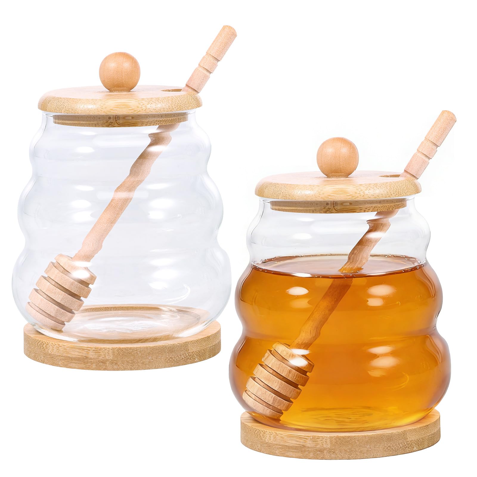 QINGLANG 2 Pcs Honey Jar with Dipper Glass Honey Pot with Lid and Base Heat Resistant Glass Honeys Dispenser for Home Kitchen Serving Honeys and Syrup(Glossy)