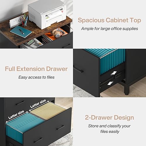 Miniatura 6 de Tribesigns Archivador de 2 cajones, archivador lateral de madera para oficina en casa, A4, tamaño carta, marrón y negro
