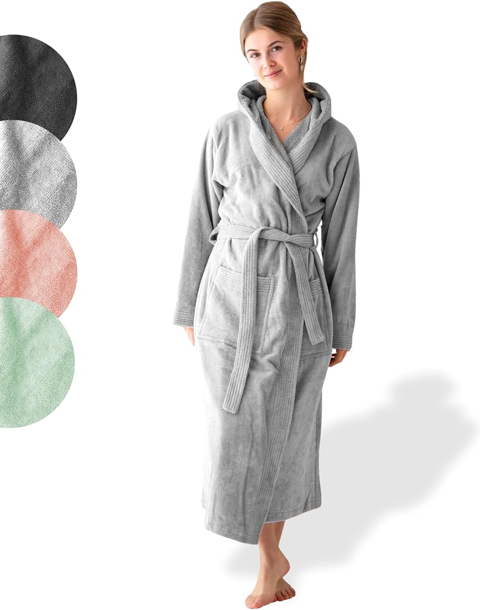 Damen Bademantel Frottee Velour 100% Baumwolle mit Kapuze Weich S bis XL – Kuscheliger Bademantel für Frauen, Komfortabel, Waschbar, Weich und Sanft