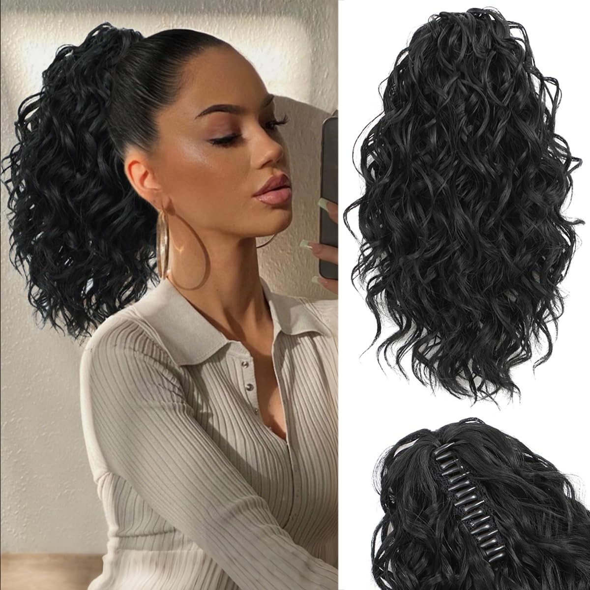 gulagula Ponytail Extension 12 Inch Curly Ponytail Claw Clip on Ponytails for Women Black Ponytail Extension Hair Piece