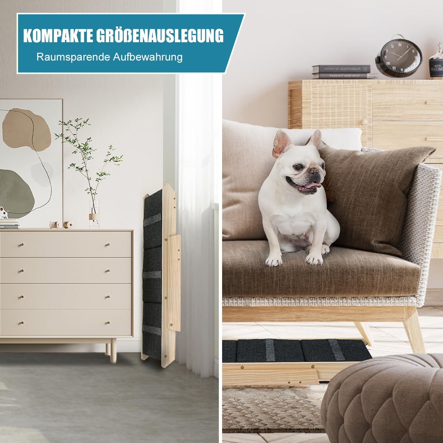 Holz-Haustiertreppe/Haustierstufen für alle Hunde und Katzen – 2-in-1 Faltbare Hundetreppe mit Teppichboden und 3 Ebenen & Rampe für Betten und Autos – tragbare Hunde-/Katzenleiter bis zu 54 kg