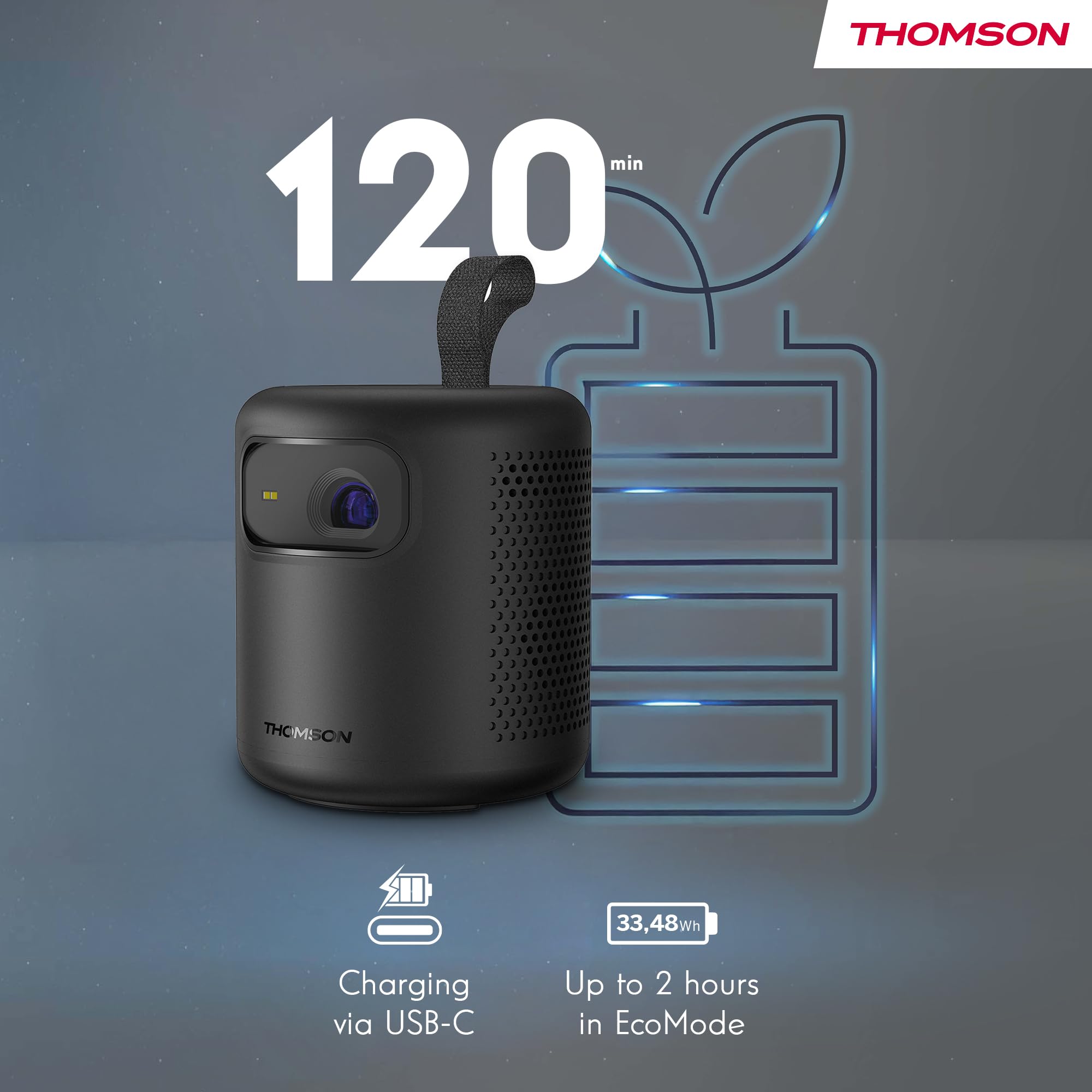 Thomson Vega PG35B Tragbarer Full HD Beamer, Smart LED Projektor mit Google TV, integriertem Akku, 350 ANSI Lumen, Autofokus, HDR10, Dolby Digital+, WiFi, Projektion an die Decke – Hartschalenkoffer