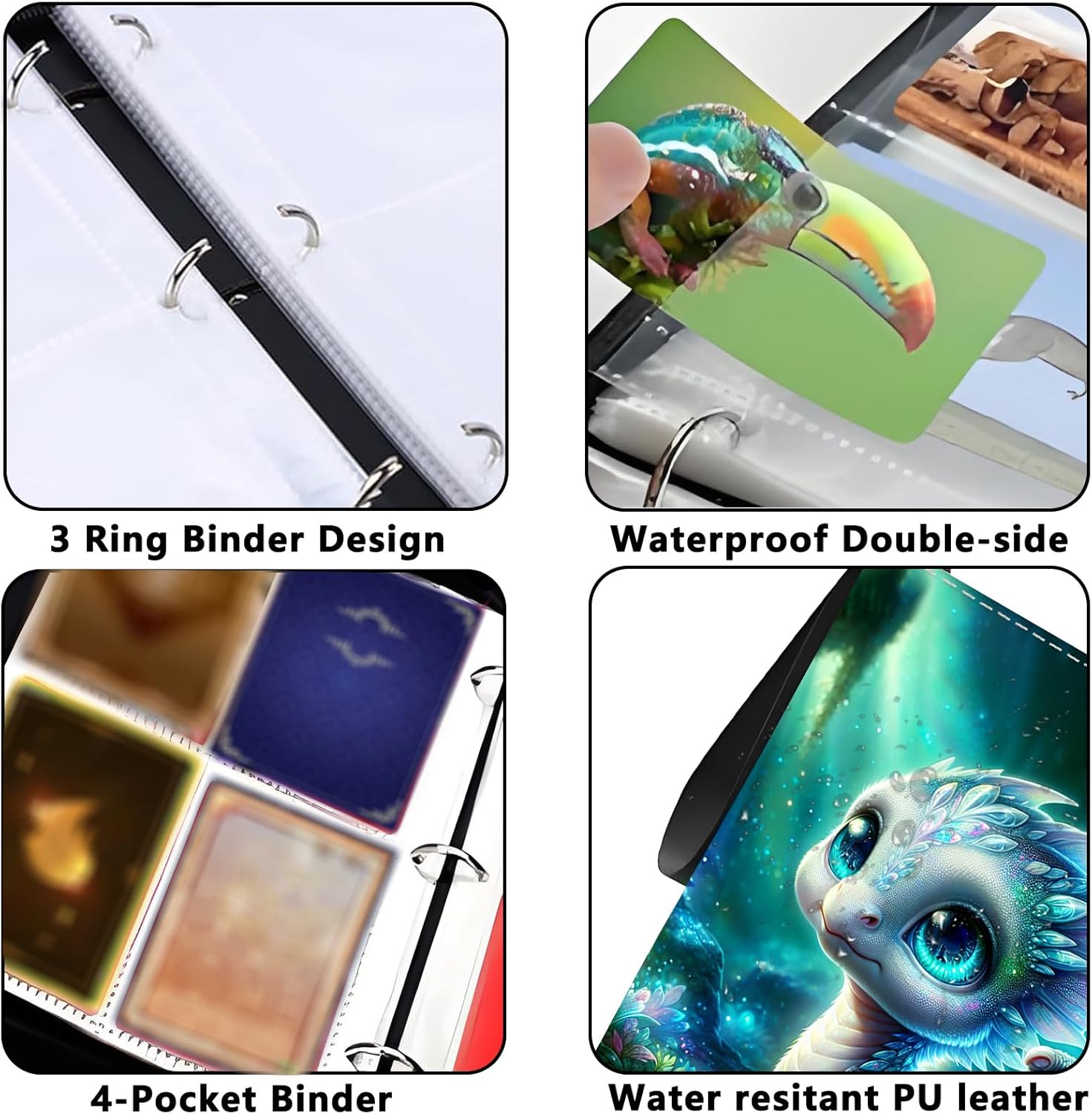 Card Binder 4 Pocket Zipper Trading Card Binder Holds 400 Cards, PU Collectible Binder with Removable Sleeve Holds 50 Pages, Game Card Book