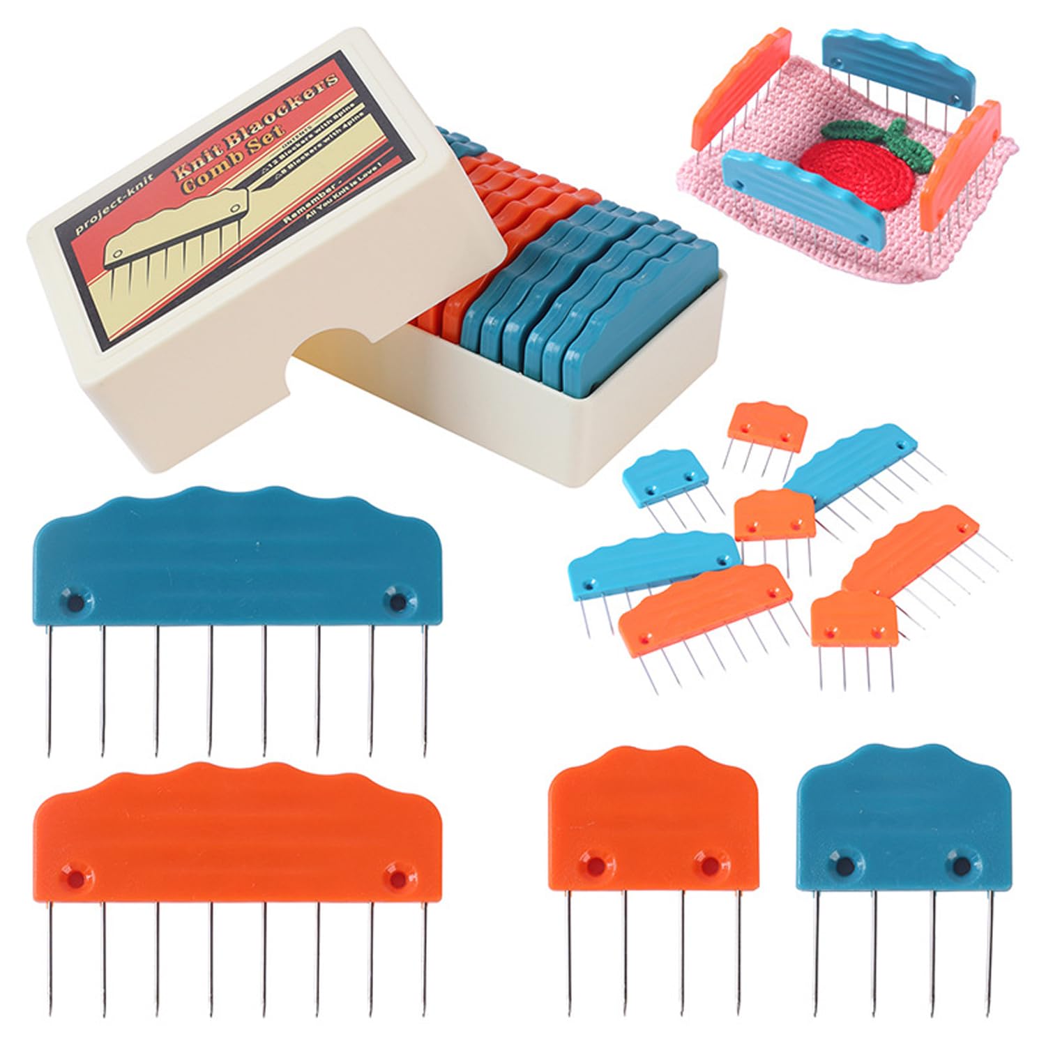 Professional Blocking Tool Set for Knitting & Crochet – Rustproof Pins & Comb for Shawls, Blankets & Garments | Fix and Shape Your Crafts Perfectly (Orange/Green)