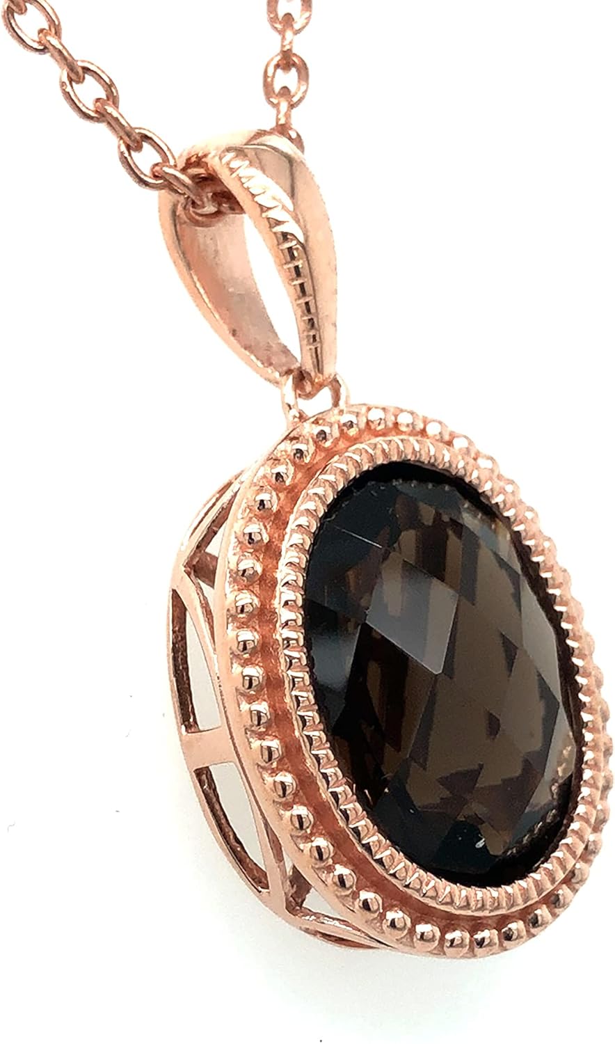 LE VIAN 8 Carat Brown Smoky Quartz Milgrain Oval Pendant Necklace for Women in 925 Sterling Silver with 14k Rose Gold Plating on 21 Inch Chain with Lobster Claw Clasp