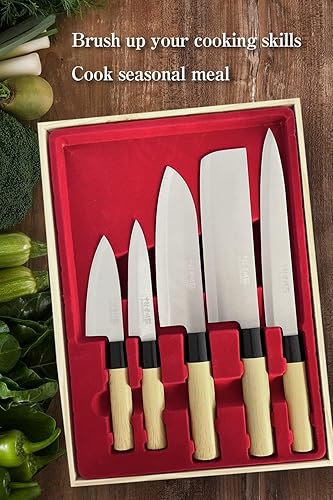 Yamasho Juego de 5 cuchillos de cocina producidos por Komei Nakamura incluyendo cuchillo de sushi japonés