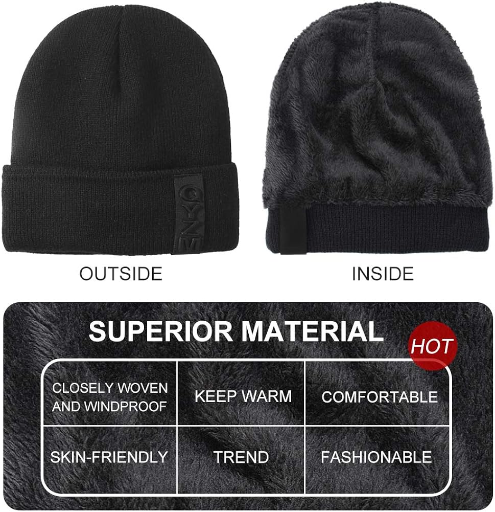 Miniatura 4 de Hongtellor Gorro de punto cálido y grueso con forro para hombre gorro unisex de invierno negro 2