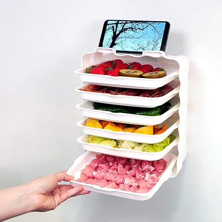 Amazon Raccoon 縦収納型 引き出し食材タッパー スマホホルダー付き 水切りかご機能 食器ラック 最大6種類の食材をストック 調味料ラック 省スペース ホワイト 調味料 スパイスラック オンライン通販