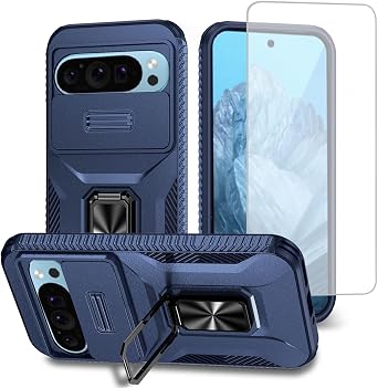 Case for Pixel 9 Case, Pixel 9 Pro Case, Google 9 Case with Tempered Glass Screen Protector and Slide Camera Cover, Magnetic Ring Car Mount Holder Shockproof Cover for Google Pixel 9 Blue