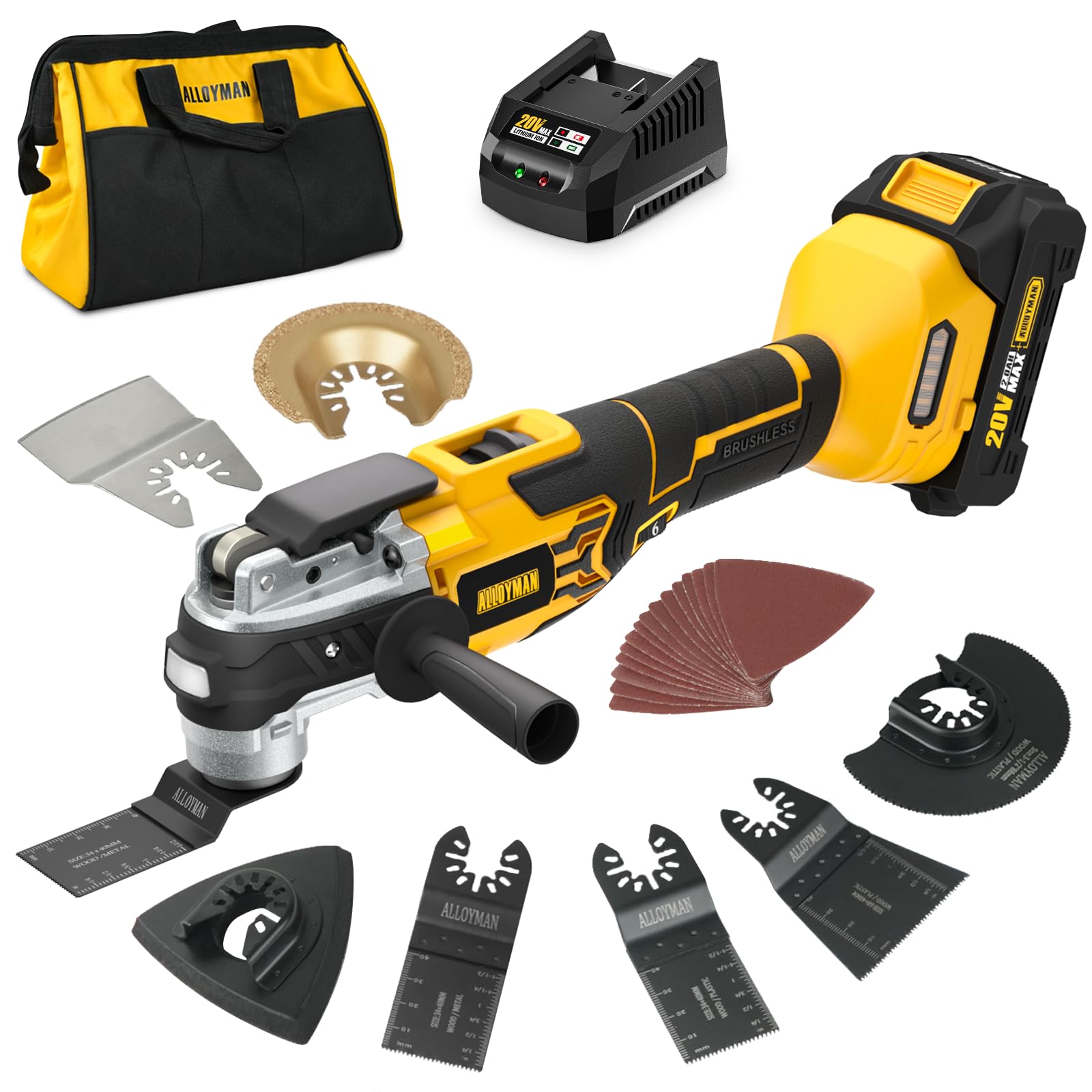 Alloyman20V Cordless Brushless Oscillating Tool, 19000OPM, 3° Oscillating Angle MultiTool, 6 Variable Speed, Quick Change, LED, 2000mAh Battery, 24 Pcs Multitool Saw for Cutting/Grinding/Sanding