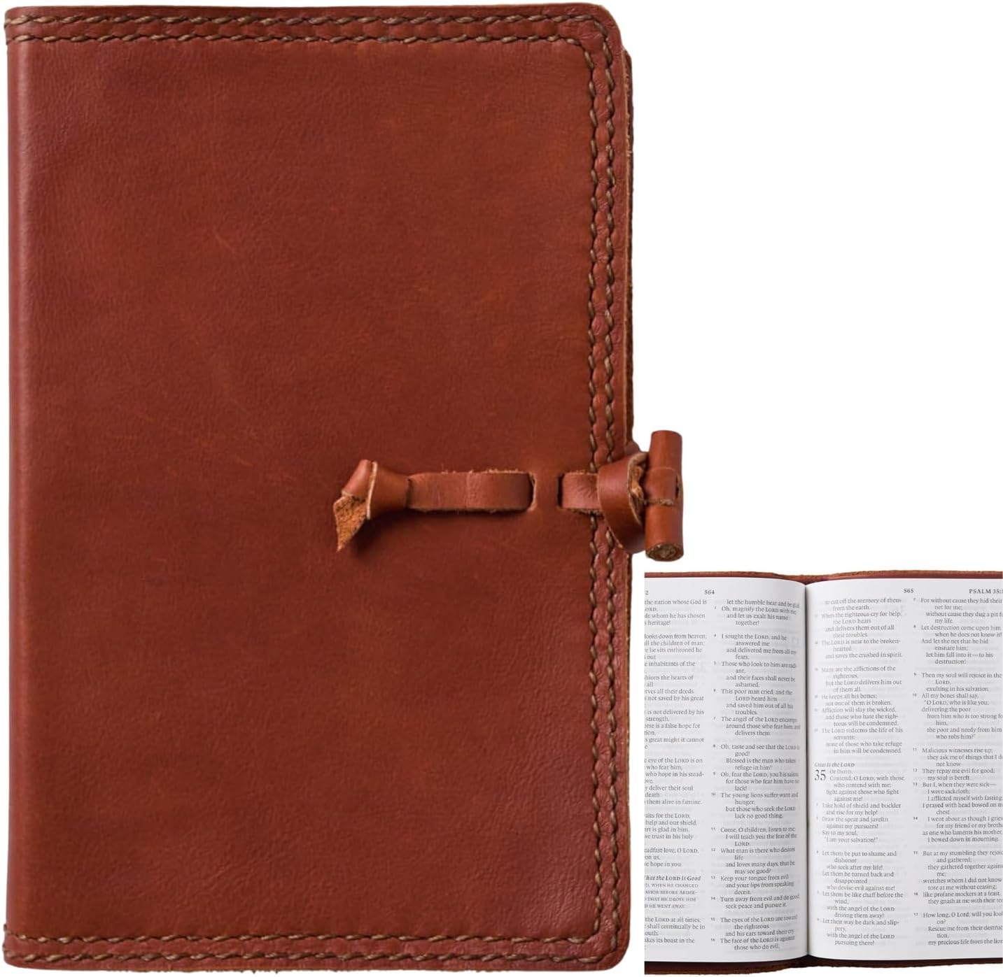 Genuine Leather Bible Cover (ESV Included) - Compact ESV Bible, Handcrafted, Pull-Tie Closure - Persimmon