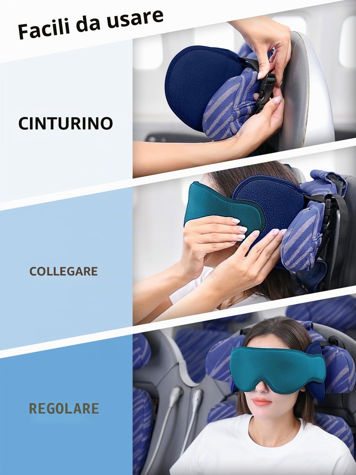 Inspireyes Cuscini da viaggio aerei, accessori da viaggio approvati FSA HSA per voli lunghi, cuscino da viaggio auto per bambini, maschera per dormire in aereo, Blu lago