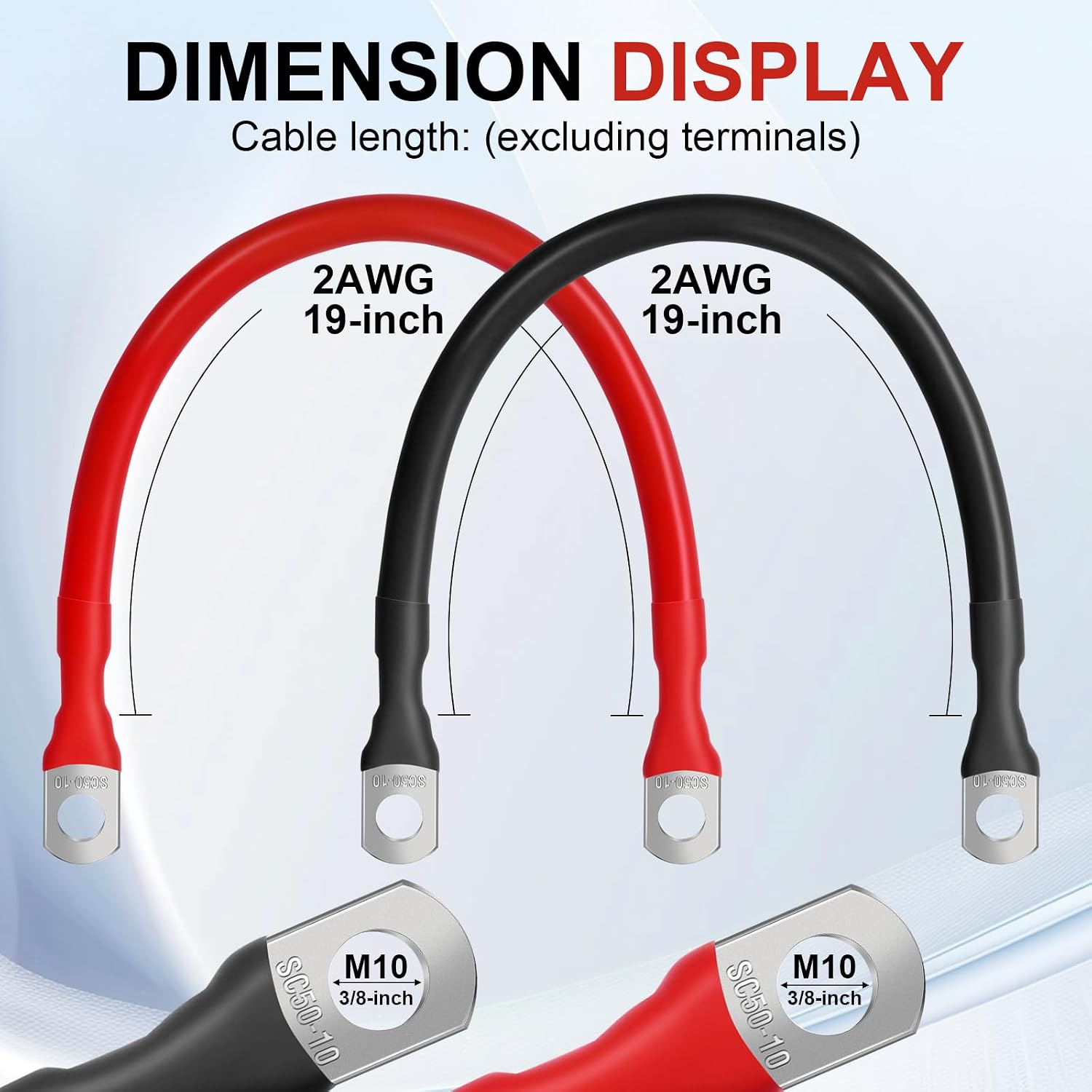 2AWG 19-Inch Heavy-Duty Battery Cable Set (1 Positive & 1 Negative), 3/8" M10 Thickened Terminals, 2 Gauge Pure Copper Battery Cables Inverter Cable, for All Kinds of Cars, Solar, Marine.
