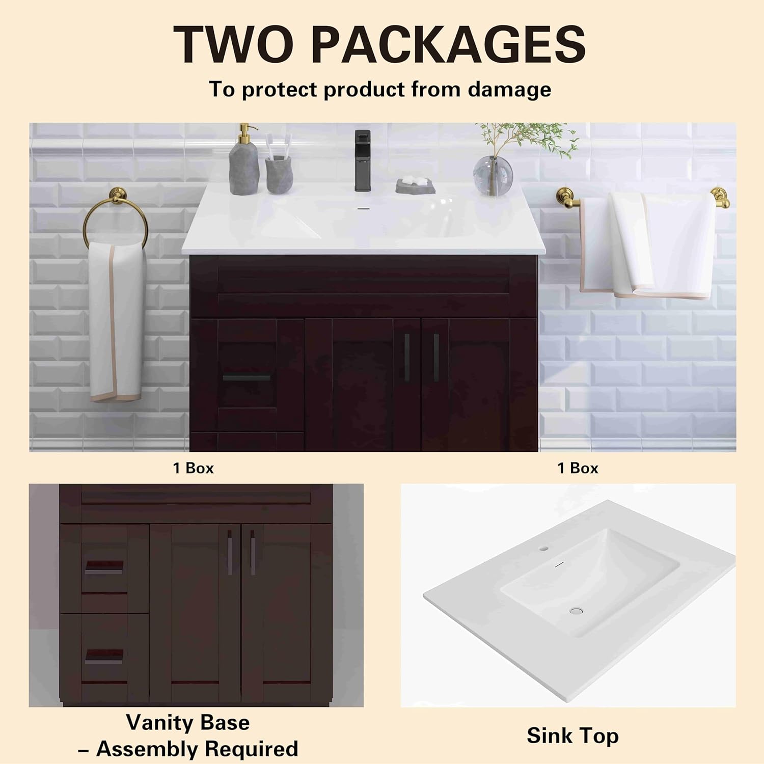 36" Espresso Shaker Bathroom Vanity with Sink – Solid Surface One-Piece Top, Soft-Close Doors, Polyurethane Nano Resin Sink, Pre-Drilled Faucet Hole, Modern Bath Vanity Cabinet Set