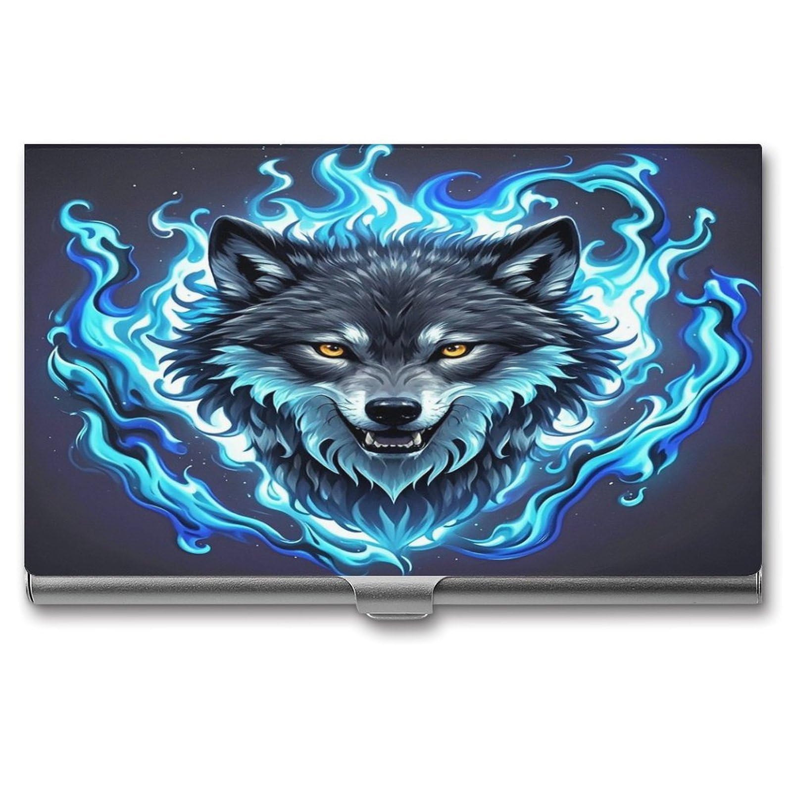 FekiLoot Wolf Head in Blue Flames Business Card Holder Aluminum Alloy Business Card Case Convenient to Carry Business Card Dispenser for Men Women