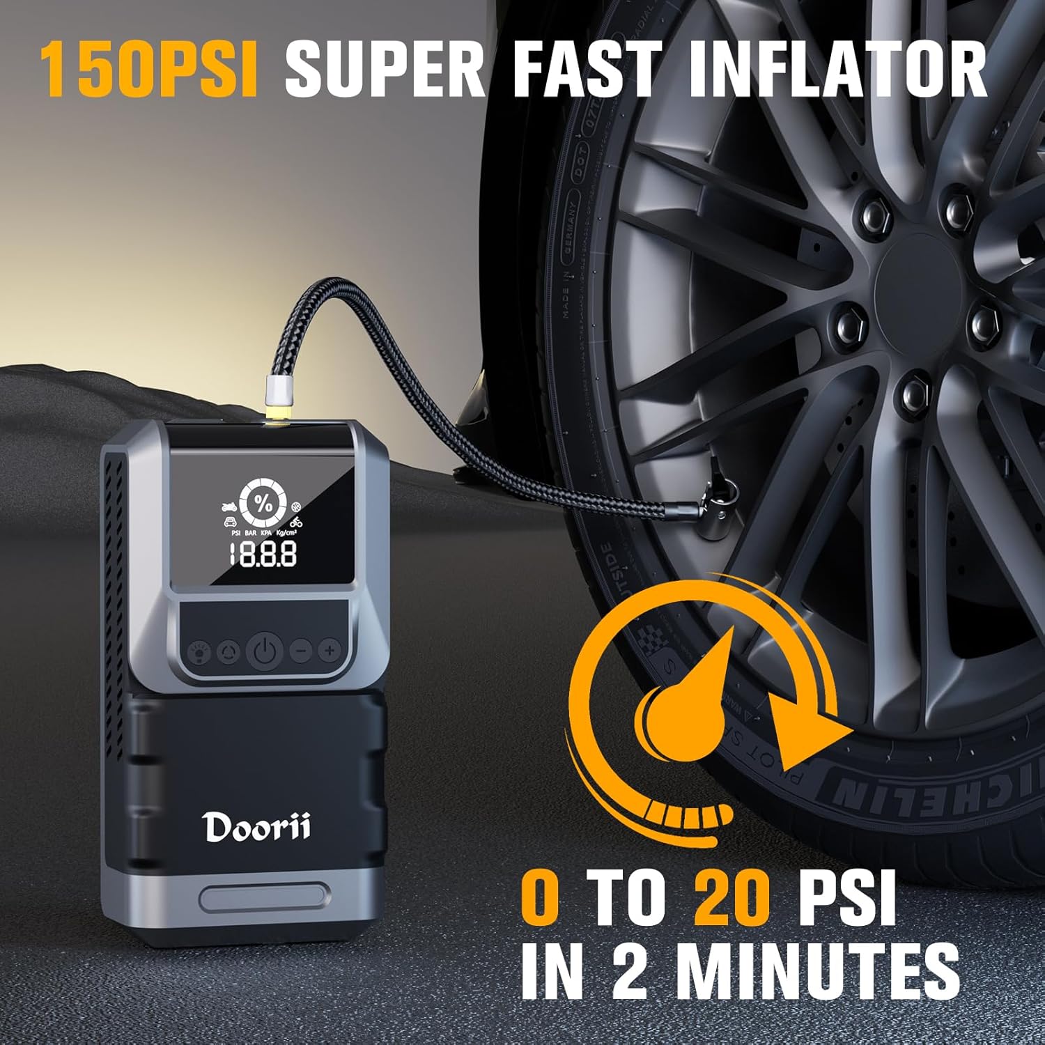 The Doorii jump starter inflating a car tire, demonstrating its 150PSI super fast inflator function, capable of inflating from 0 to 20 PSI in 2 minutes.
