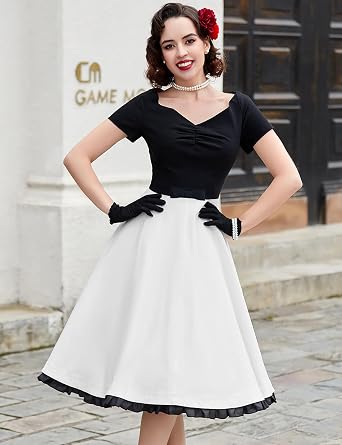 MU Women's Vintage Style Colorblock V Neck Cocktail Prom Big Swing Dresses