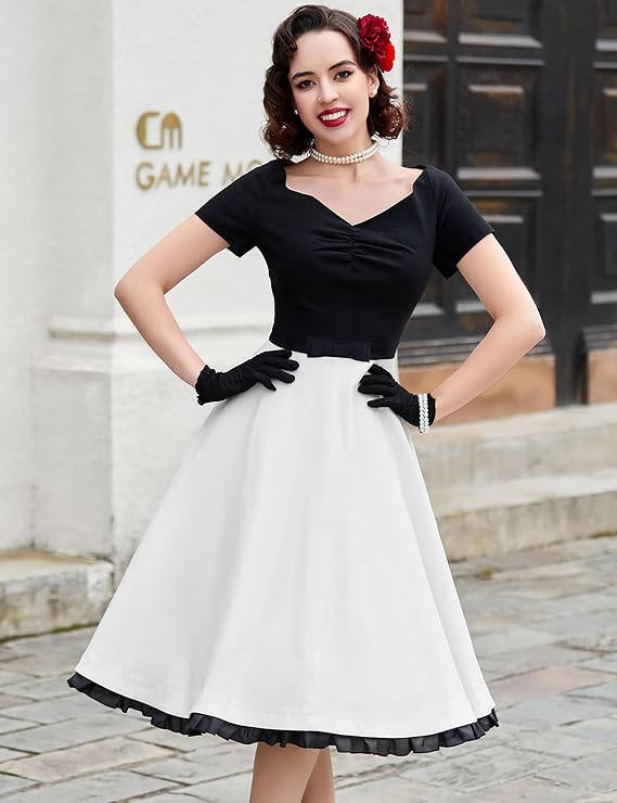 MU Women's Vintage Style Colorblock V Neck Cocktail Prom Big Swing Dresses