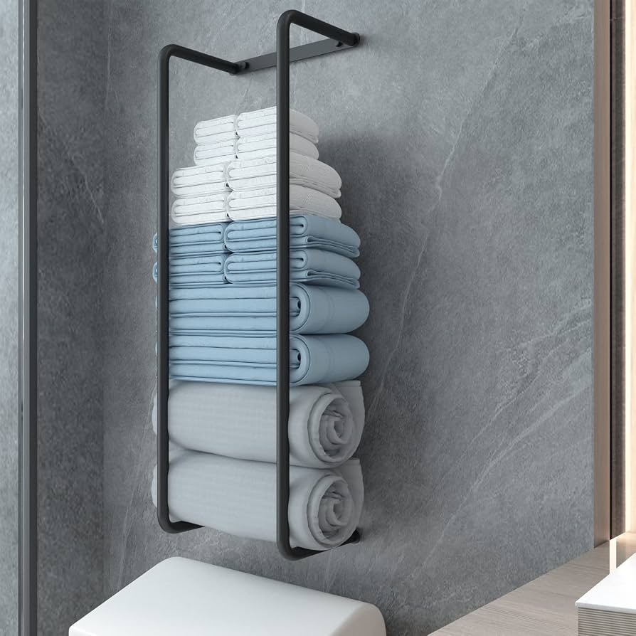 2 Tier Stainless Steel Towel Rack With Shelf - Wall Mounted Bathroom Organizer Black 12.6x5.5x30 Inch