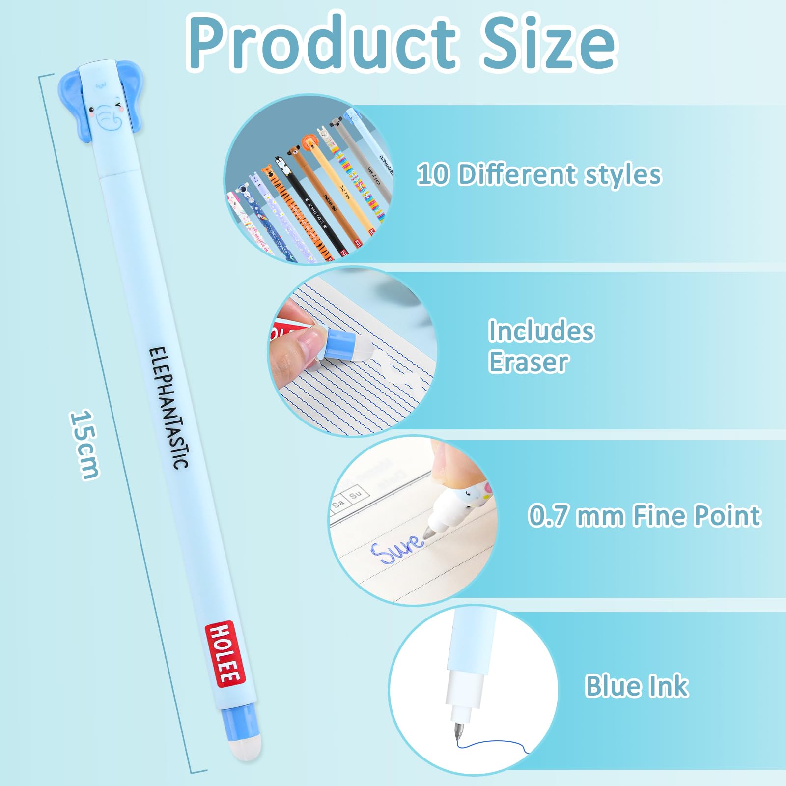 Paquete de 10 bolígrafos de gel borrables, bolígrafos borrables con diseño de animales de 0,7 mm, tinta azul, escritura suave, bolígrafos de tinta de gel reescribibles para escuela y oficina