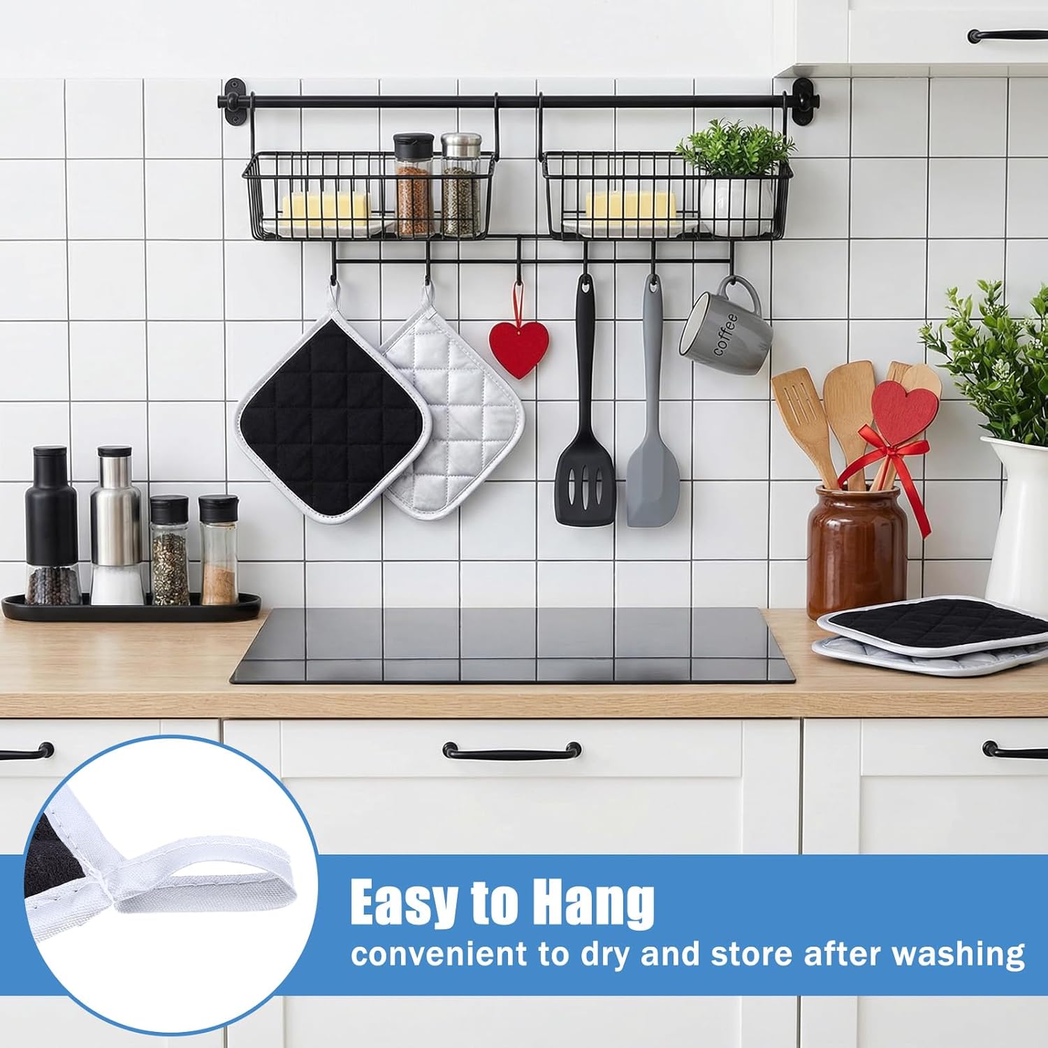 30 Pcs Cotton Pot Holders Bulk, 7 x 7 Inch Heat Resistant Oven Mitts with Hanging Loops, Square Potholders Hot Pads for Kitchen Cooking Baking (Black)