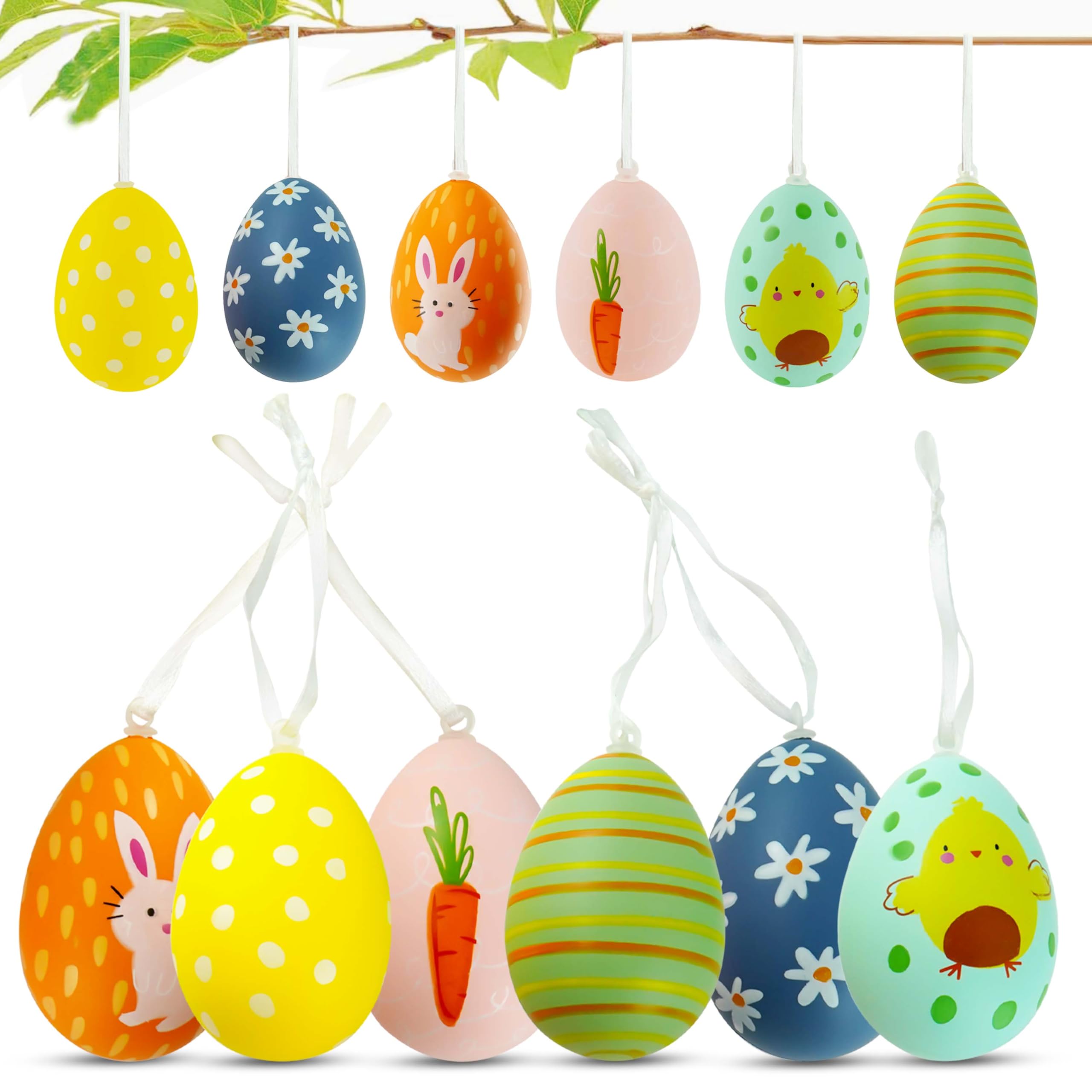 12x Premium Easter Hanging Egg Decorations- Colorful Plastic Eggs with Ribbons - DIY Crafts Ornaments for Easter Tree - Decorative Painted Eggs in Various Styles - 6cm Size