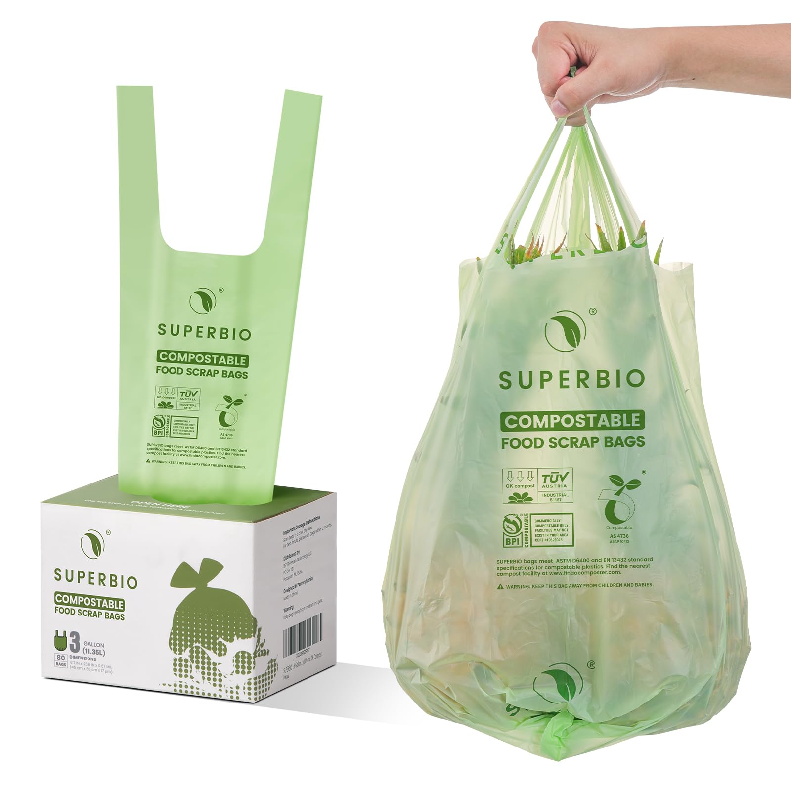 SUPERBIO Bolsas de basura compostables con asa de 3 galones, 80 unidades, bolsas de basura para el hogar, oficina, baño, cocina, certificadas por BPI y OK Compost