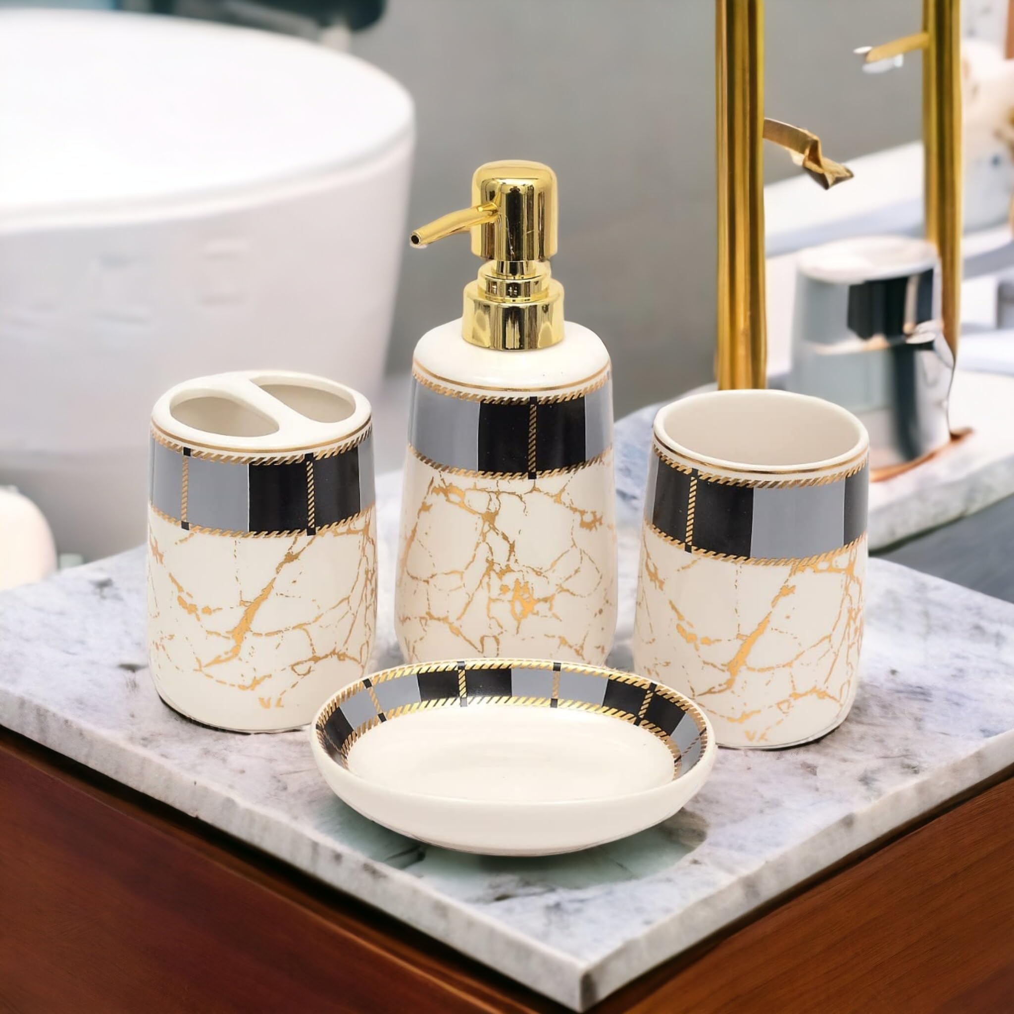 Whizzo® Italian Marble Design Bathroom Accessories Set Ceramic - 4 Pieces Bathroom Accessories Set Soap Dispenser, Toothbrush Holder, Tumbler, Soap Dish, The Best Gifting Choice (White) (B0CMYQ948L) Amazon Price History, Amazon Price Tracker