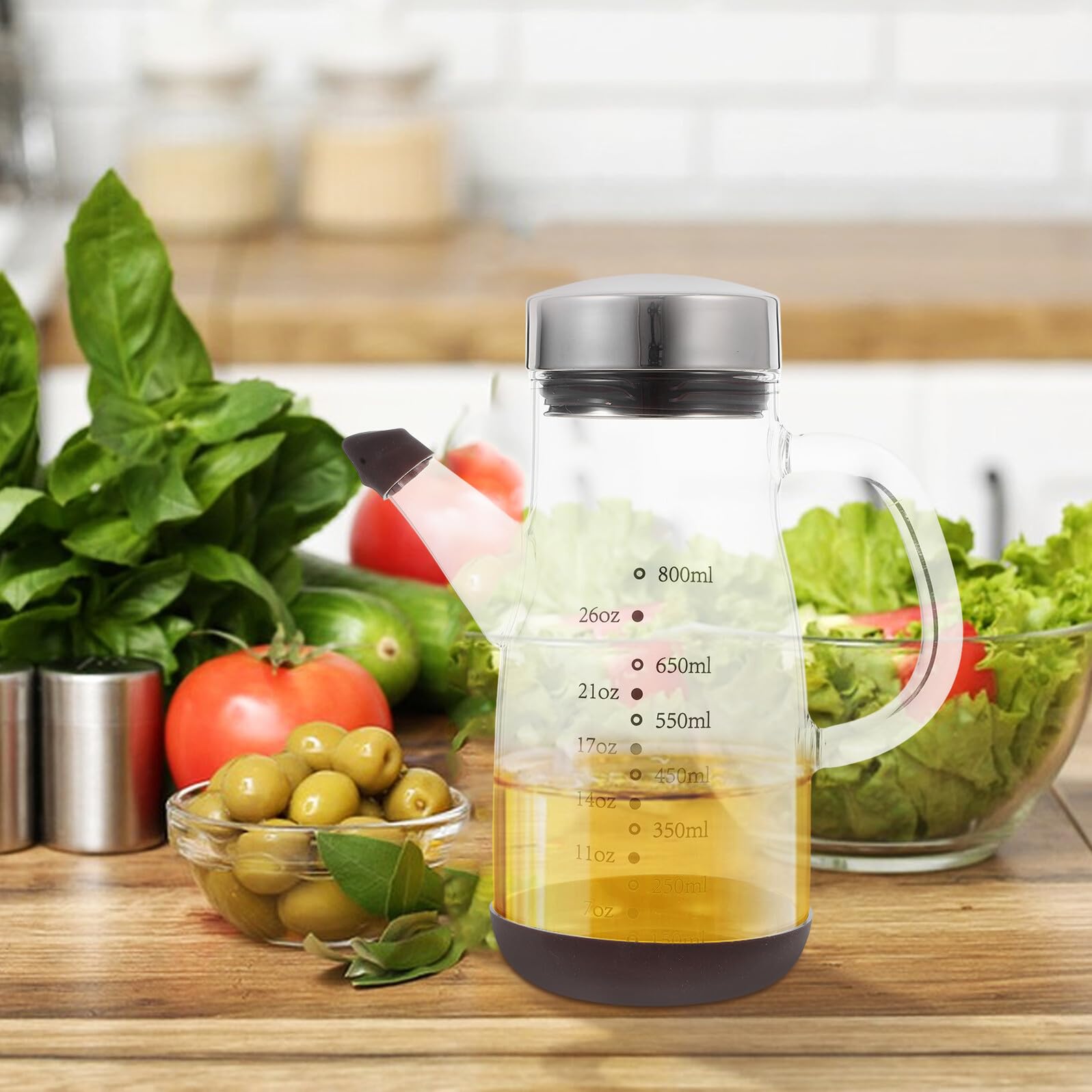 Ipetboom Oliera in Vetro Grande Capacità Funzione Multipla, 1 Pz | Acciaio Inox e Silicone, Vetro Alto Borosilicato, Design Anti-perdita, per Olio e Aceto