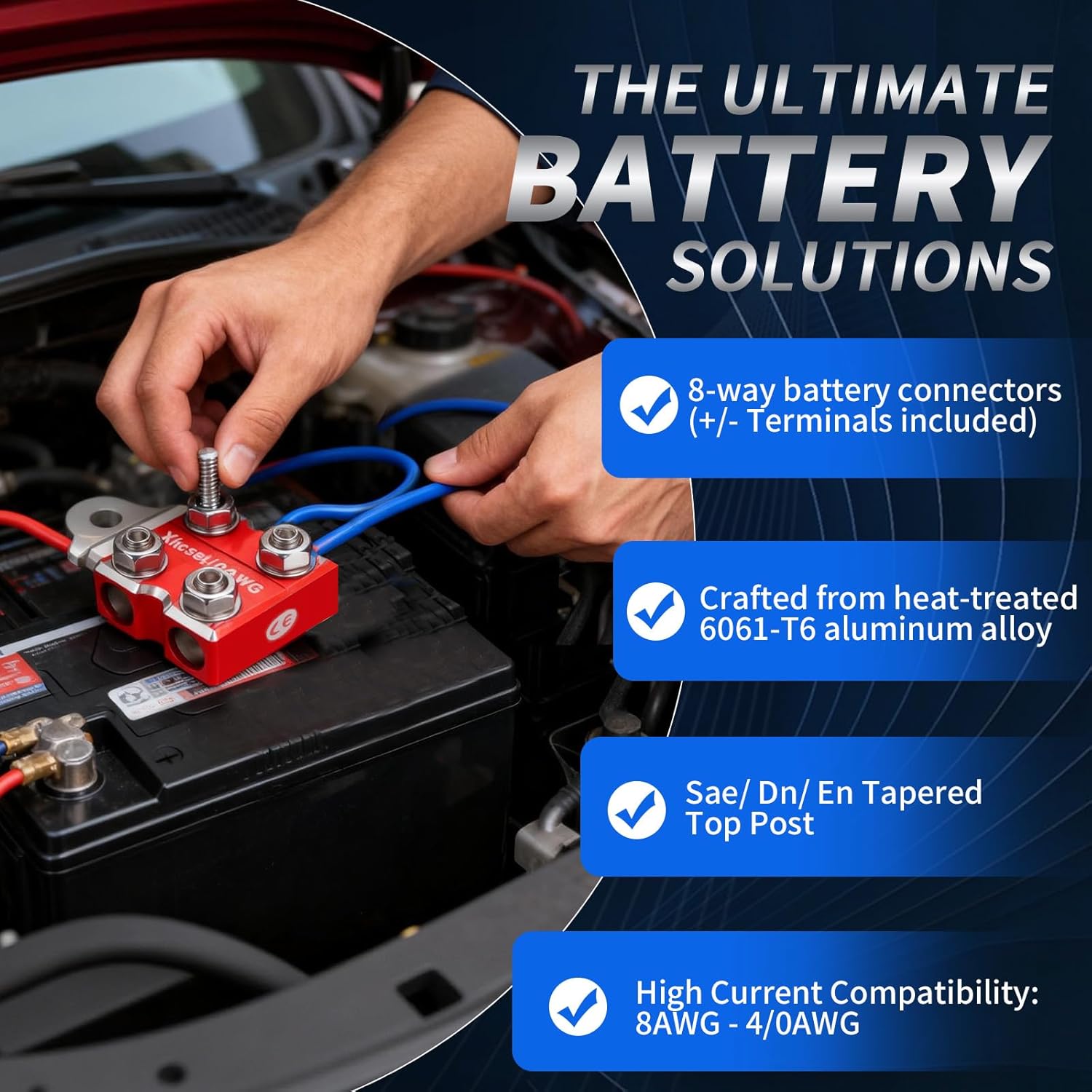 8-Way Modular Battery Terminal Connector - Heavy-Duty Bolt-On Design for 8 AWG to 4/0 AWG Wires, Compatible with M8 & 5/16"-18 Studs (S)