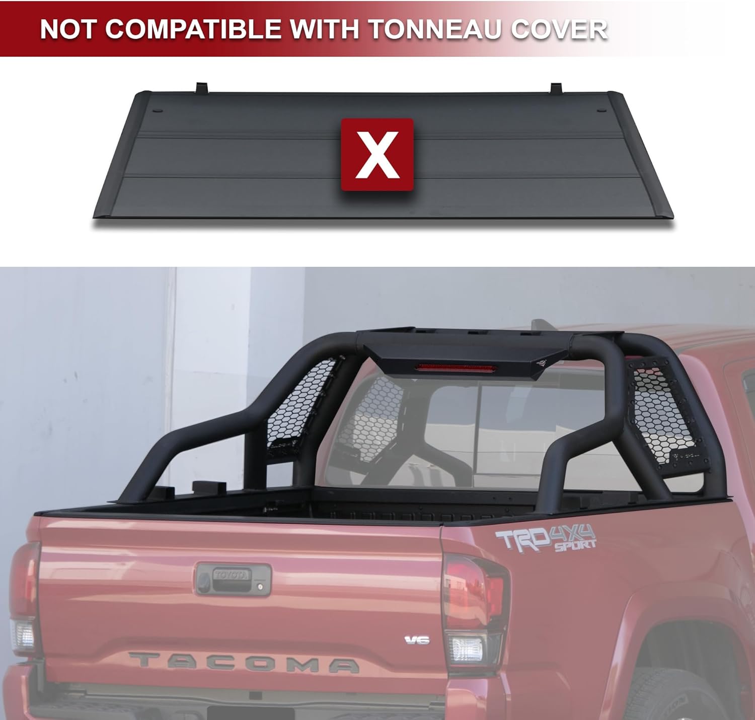 ARMORDILLO CR1 Roll Bar Style Chase Rack for Mid Size Trucks|w/LED 3rd Brake Light|Compatible 05-24 Tacoma|15-24 Colorado/Canyon|19-23 Ranger|05-24 Frontier|7163102 Chase Rack|Chase Bar - Matte Black