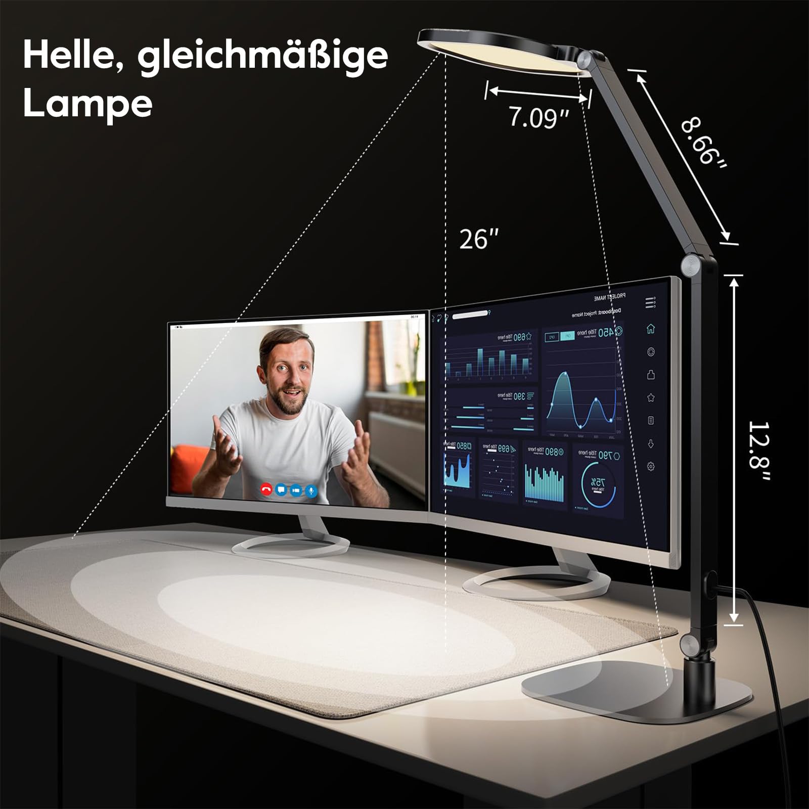 LitONES Dimmbare Led Schreibtischlampe, augenschonende Tageslichtlampen | Flimmerfreies Licht mit Timer & Memory, 30 Lichtmod. Flexibler Arm – ideal für Büro, Studium & Kreative[Energieklasse A]
