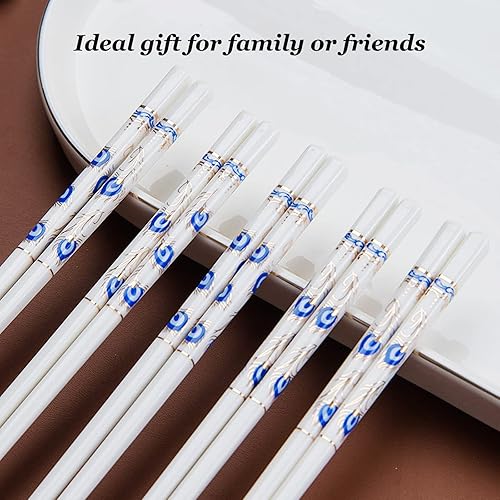 Miniatura 5 de 10 pares de palillos de cerámica con patrones de plumas, palillos de porcelana china de alta calidad de 9.72 pulgadas con caja delicada, fáciles de