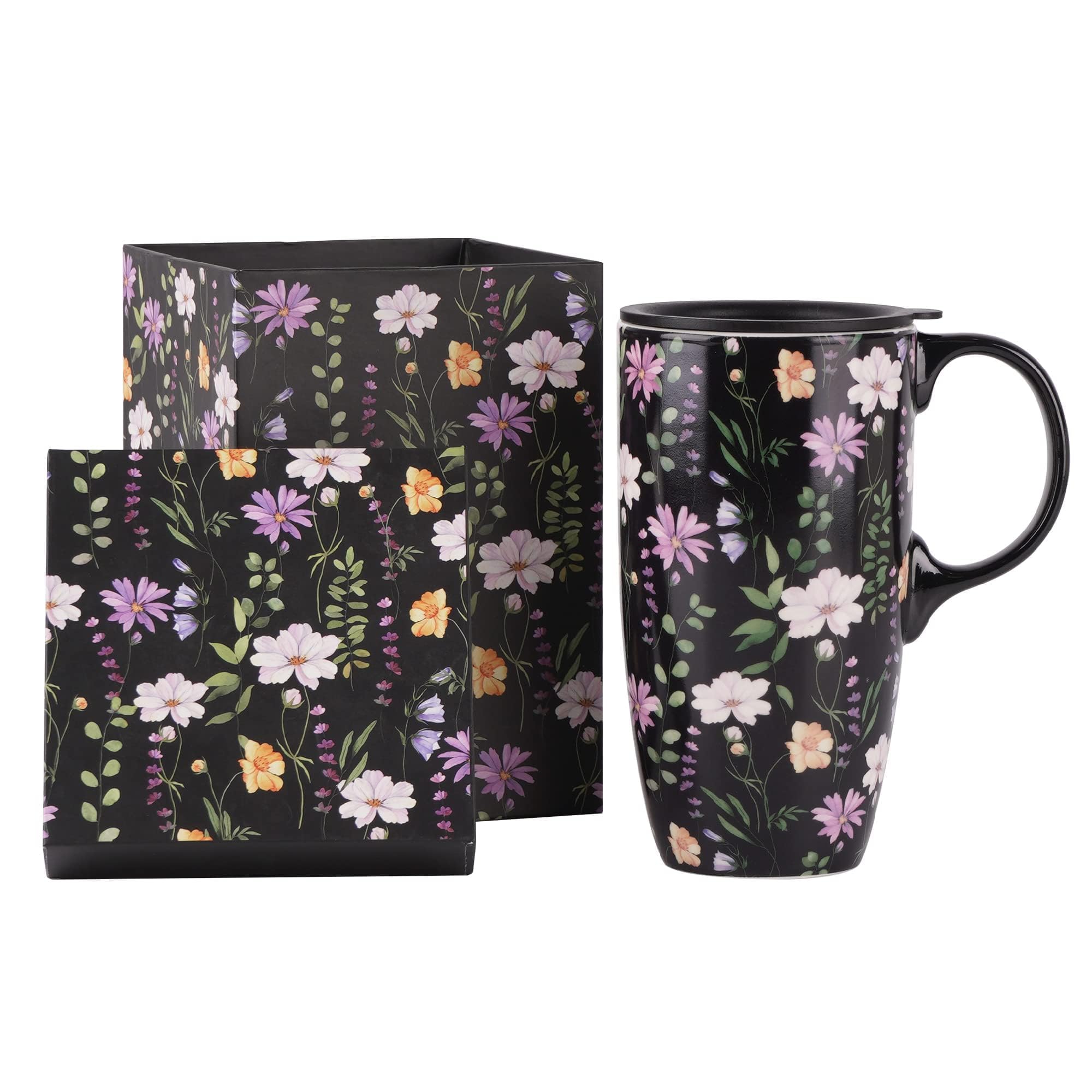 Topadorn Ceramic Mug with Gift Box Coffee Mug Latte Cup with Lid and Handle,17oz. Black