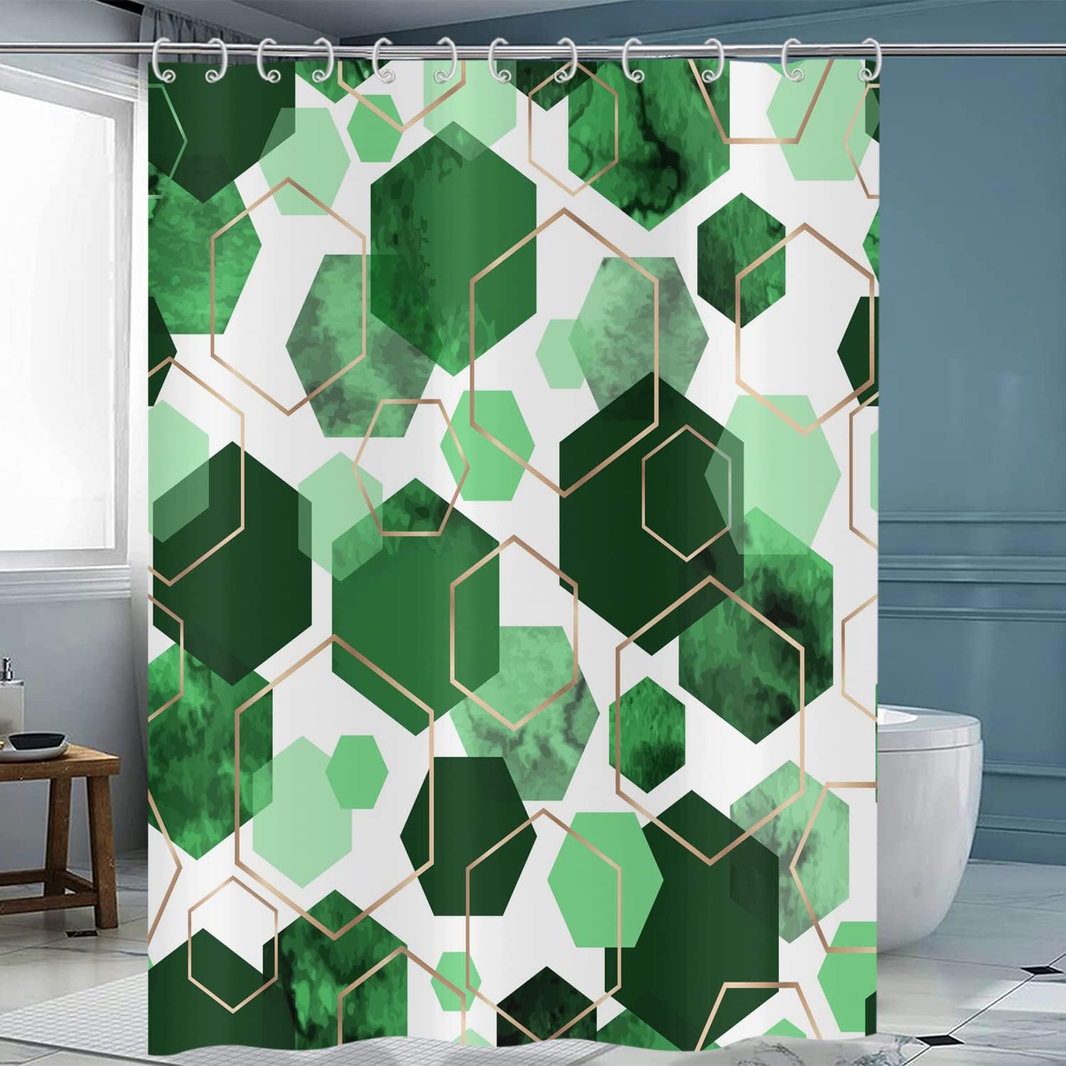 TOENGS Green Shower Curtain, Dark Green Abstract Geometric