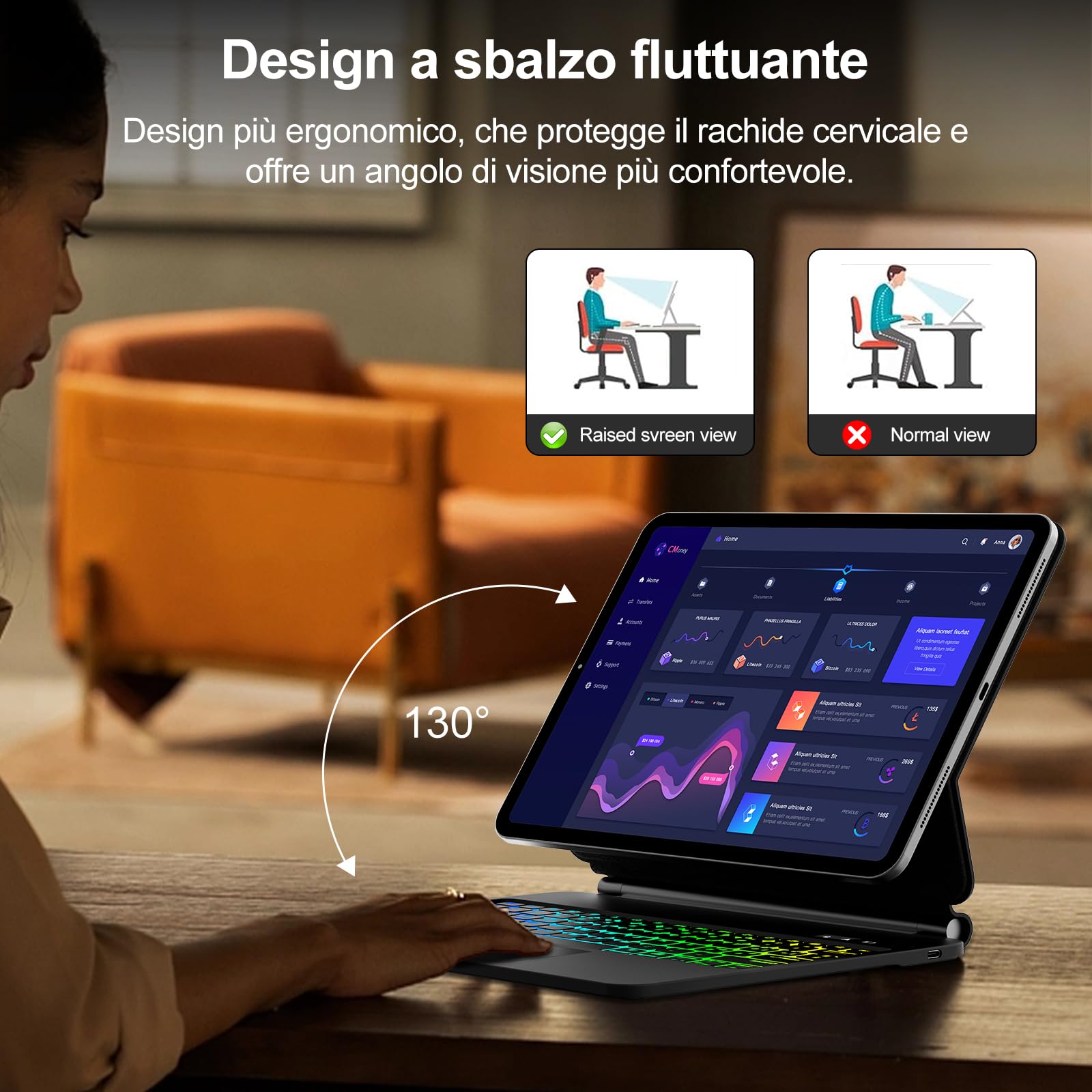 IVEOPPE Tastiera Custodia Magnetica Touchpad per iPad Air 13 13" M4 2026/M3 2025/M2 2024, iPad Pro 12.9 6a/5a/4a/3a Gen, Supporto a Sbalzo Galleggiante, Retroilluminazione a 7 Colori Trackpad, Nero