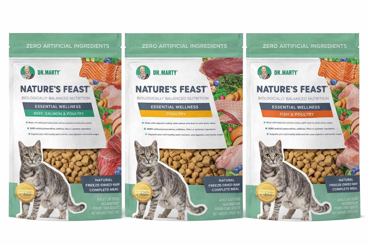 Dr. Marty's Nature's Feast Essential Wellness Variety Pack Freeze-Dried Raw Cat Food Poultry Fish Beef Salmon Turkey 12-Oz Bag (3-Pack)
